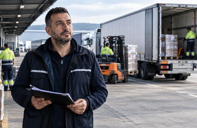 Responsable de expediciones en el muelle de carga con camiones cargando